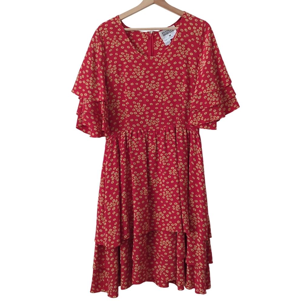 Stanley Sherman Saks Fifth Ave Womens Dress 12 Silk Flutter Red Floral Ditsy VTG